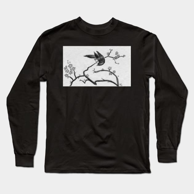 black and white sakura Long Sleeve T-Shirt by Zamen